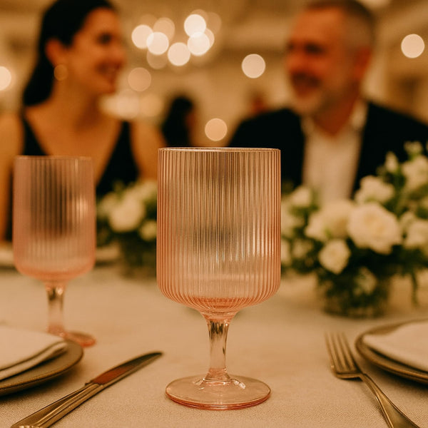 Khen Ripple Textured Blush Pink Stemmed Glass Wine Goblets | Set of 2 | 300ml Clear Elegant Romantic Drinkware for Red White Rosé Cocktail | Como Collection | Vintage Bar Kitchen Aesthetic Glasses