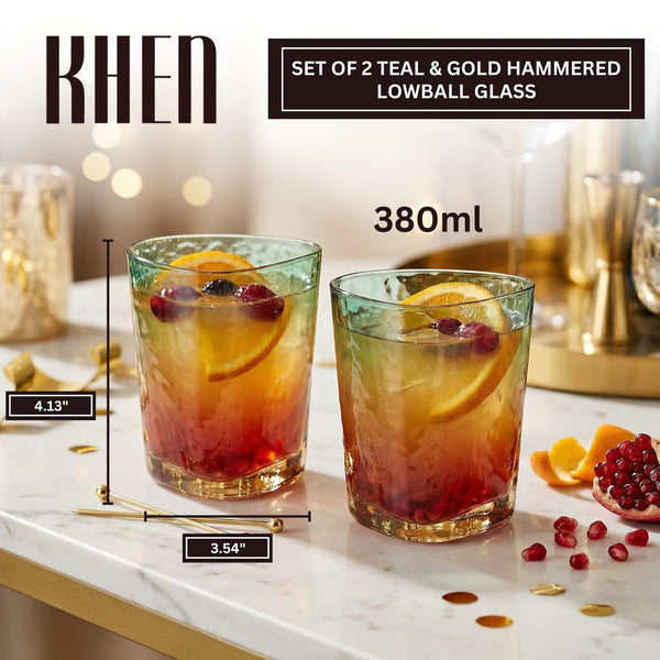 Gold and Teal Hammered Lowball Tumbler, DOF Glasses, 2 Set, 12.5oz