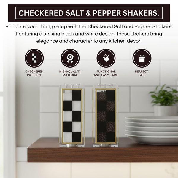 Checkered Salt and Pepper Shakers Set, Black White Square Design with 3 & 5 Holes, Modern Kitchen Decor Table Accessories, Elegant Dining Display, Contemporary Cooking Tool, Stylish Home Gift