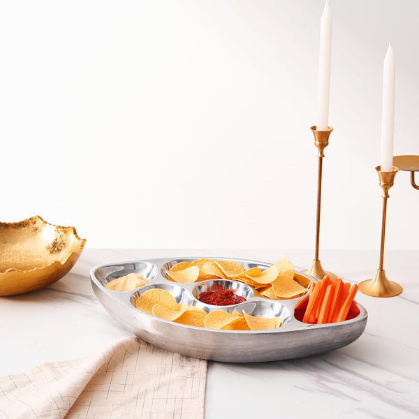 Football Tailgate Superbowl Serving Bowl Silver Brass Snack, Candy & Salad Bowl, Chip n Dip American Sports Decorative Centerpiece Serving Platter for Nuts, Salsas, Food, Serveware Decor Entertaining