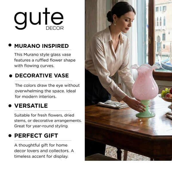 Sunrise Blush Murano Style Ruffled Glass Vase: Pink and Green Art Glass