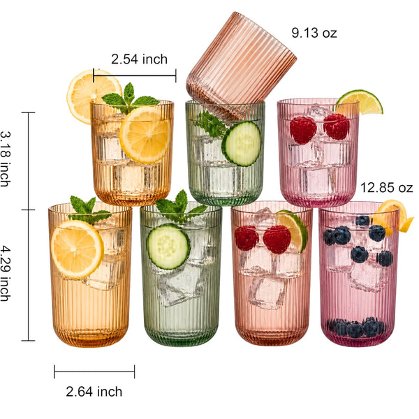 Set of 8 Ribbed Glasses - 4 Highball Glasses & 4 Lowball