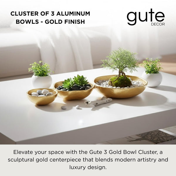 3 Cluster Decorative Bowls Gold Hammered Snack Tray Bowl Chip & Dip Serving Piece Strong Brass Centerpiece Beautiful Room Accent & Entertaining Parties Home Decor Wedding Gifts 14 Inch Decorative Gift