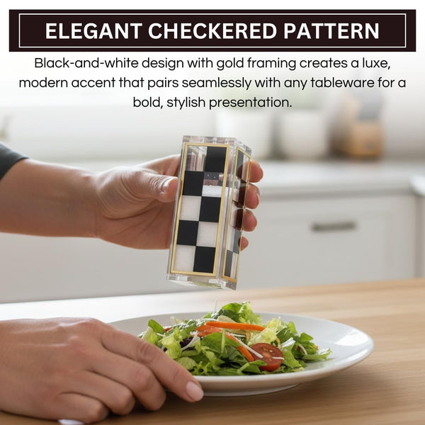 Checkered Salt and Pepper Shakers Set, Black White Square Design with 3 & 5 Holes, Modern Kitchen Decor Table Accessories, Elegant Dining Display, Contemporary Cooking Tool, Stylish Home Gift