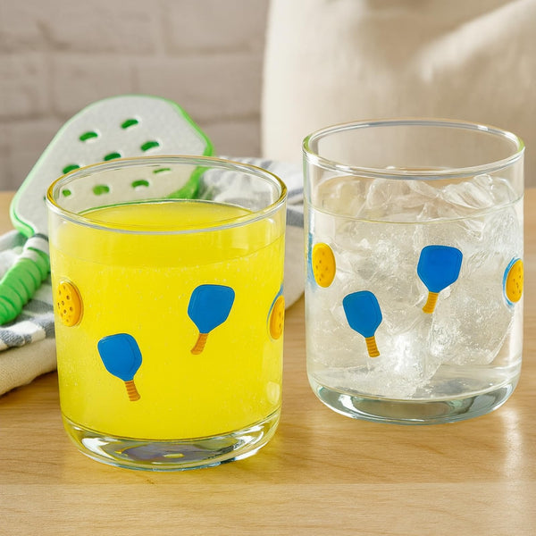 Khen Set of 2 Pickleball Paddle Icon Juice Glass Athletic Sports Cup 14.8oz Clear Stemless Cocktail Tumbler Leisure Game Night Barware Outdoor Indoor Party Recreation Gift for Player Enthusiast