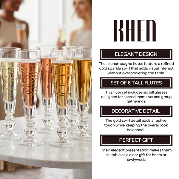 Gold Sparkle Champagne Flutes, Set of 6, Tall 6.4oz 8.74