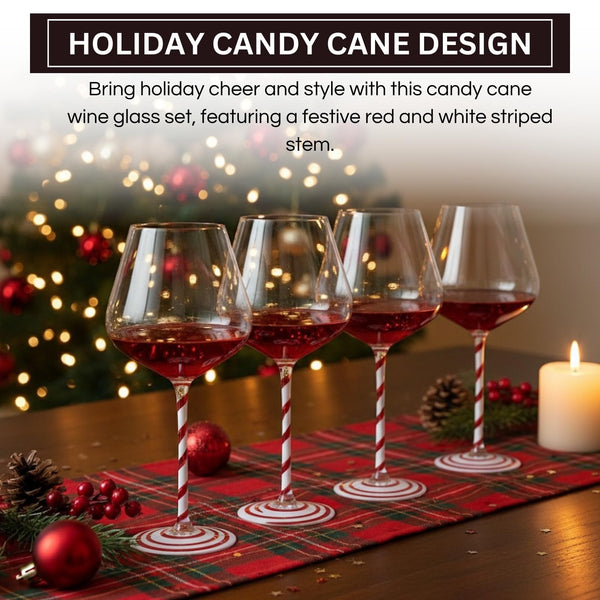 Khen Holiday Candy Cane Wine Glasses Set of 4 Santa Red White Striped Stem Goblets 20oz Christmas Borosilicate Drinkware for Festive Entertaining Winter Parties Home Bar Decor Kitchen Dining Gift Set