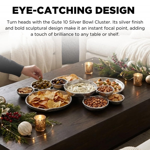 Cluster of 10 Round Serving Bowls Silver Clusters Decorative Elegant Snack Tray for Olives, Chip & Dip, Nuts, Appetizers & Entertaining Strong Brass & Enamel Home Decor Gifts, Parties & Weddings 20.5