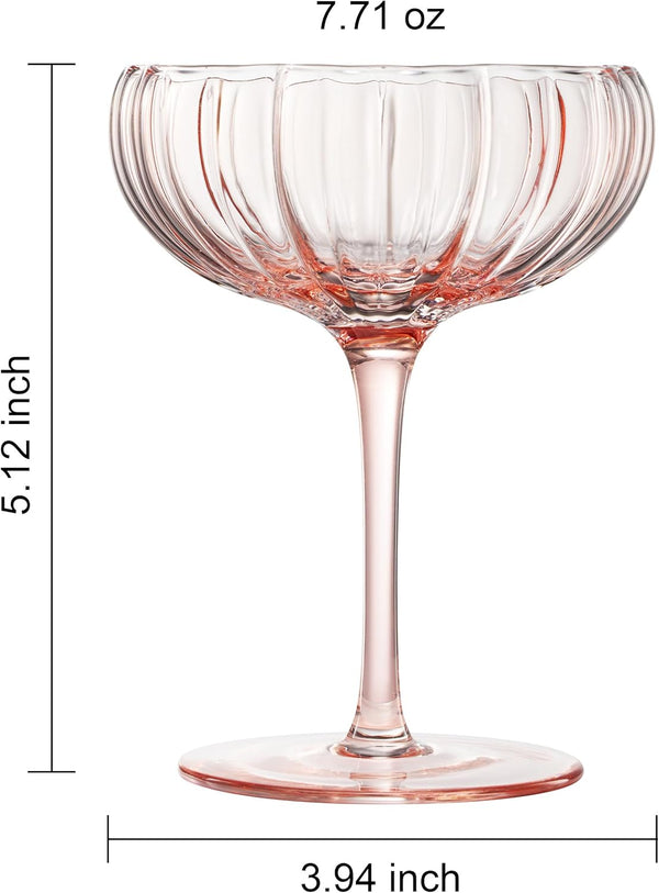 Khen Flower Modern Wavy Glass Coupes Martini, Champagne & Cocktail Coupes - Set of 4-7.7oz Colorful Cocktail Glasses & Prosecco, Mimosa Glassware Copyright Design - Blush Pink