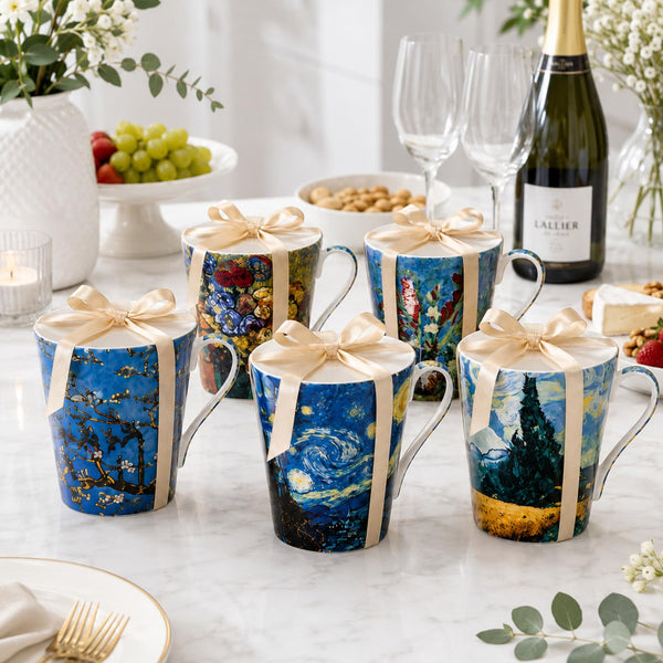 Van Gogh Bone China Set of 5 Large Mugs for Coffee and Tea, With Gift Box, 12