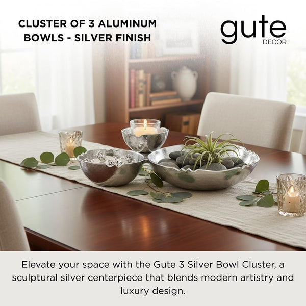3 Cluster Decorative Bowls Bright Silver Snack Tray Bowl Chip & Dip Serving Piece Strong Brass Centerpiece Beautiful Room Accent & Entertaining Parties Home Decor Wedding Gifts 14.6 Inch Decorative