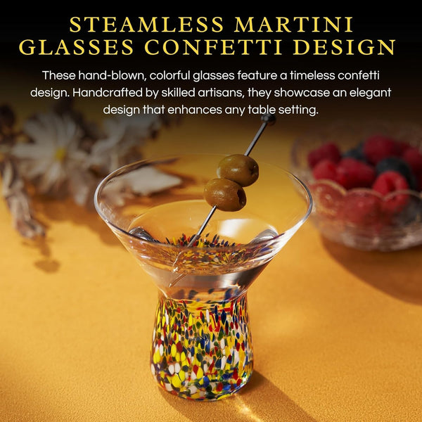 The Wine Savant Stemless Martini Glasses Hand Blown Mexican Confetti Design Colorful Glass Drinkware - Set of 2 Clear