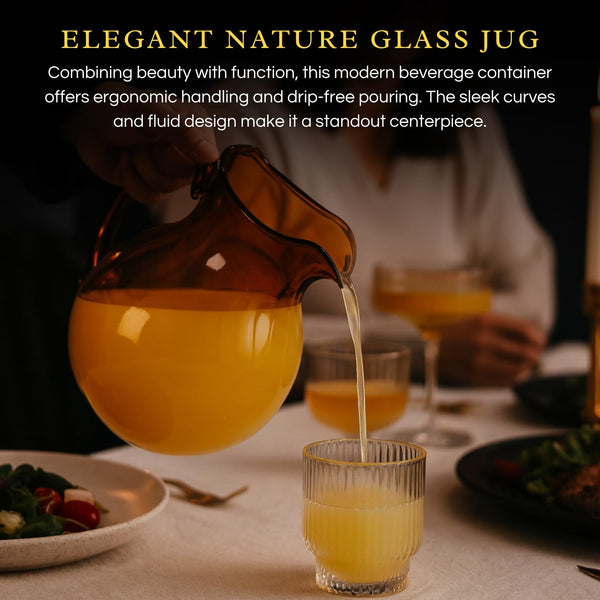 talian Design Amber Glass Jug Mouth-Blown Venetian Pitcher 750ml Handmade Murano-Inspired Carafe with Organic Wave Silhouette, Elegant Amber Tone Table Décor & Functional Art Glass for Dining Display
