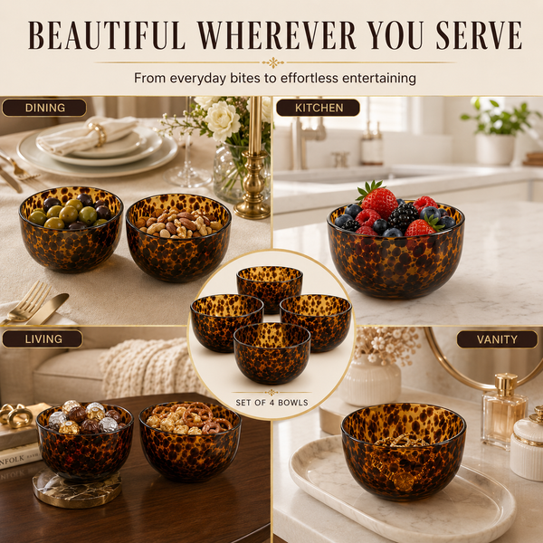 Amber Tortoise Shell Glass Bowls Set of 4 | 4.3” - 12.8oz