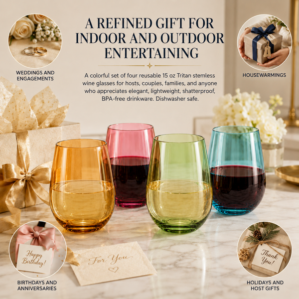 Tritan 15oz Shatterproof Stemless Wine Glasses - Set of 4 Plastic Tumblers