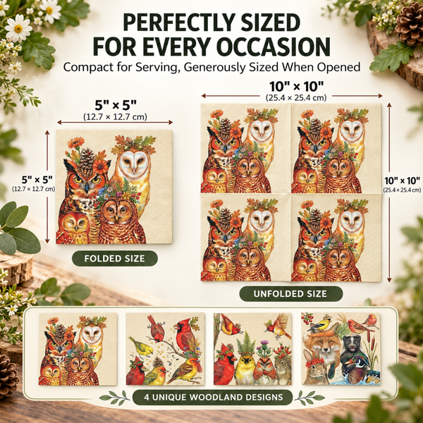 Khen Woodland Napkins, 100 Pack 4 Designs, 5