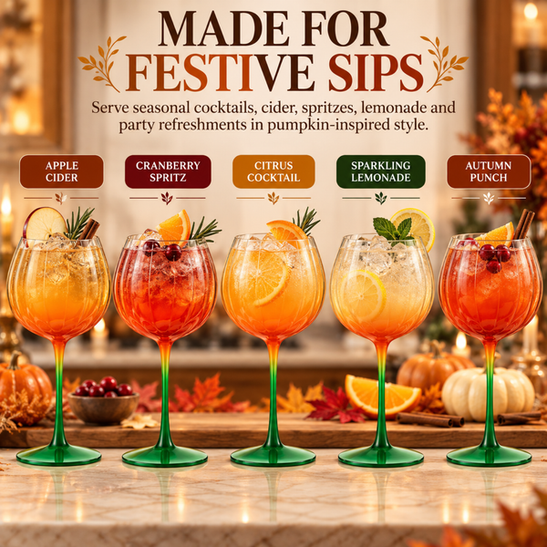Khen Pumpkin Wine Glasses Fall Inspired Lightweight - Set of 2 Orange & Green