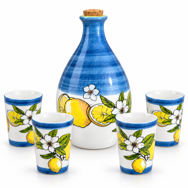 Limoncello Bottle With 4 Cups 24Oz Carafe 3 Oz Cups Ceramic Italian Barware