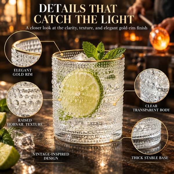 Clear Gold Rim Hobnail Glass Set, 6 Piece 10oz Transparent