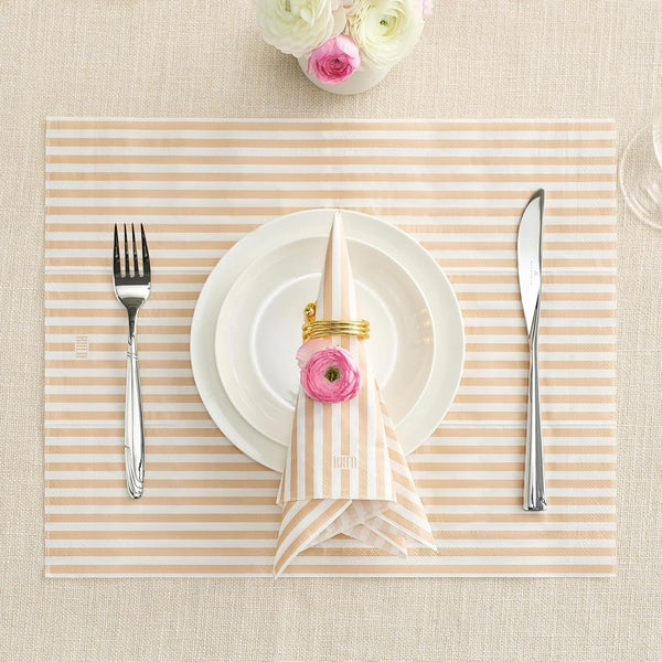 Striped Disposable Napkins & Placemats – 3-Ply Paper Tableware for Parties, BBQs, Picnics, Birthdays & Holiday Gatherings – Elegant & Absorbent Dinner Napkins with Matching Placemats - Beige Set of 50