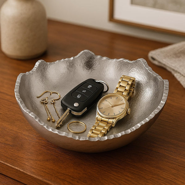 GUTE Decorative Silver Moon Decorative Metal Torn Hammered Asymmetrical Centerpiece Bowl with Pointed Edges, 10.2in Catch All, Silver Stainless Steel Metal, Accent Basket Fruit, Potpourri, Jewelry