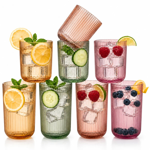 Set of 8 Ribbed Glasses - 4 Highball Glasses & 4 Lowball