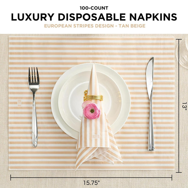 Striped Disposable Napkins & Placemats – 3-Ply Paper Tableware for Parties, BBQs, Picnics, Birthdays & Holiday Gatherings – Elegant & Absorbent Dinner Napkins with Matching Placemats - Beige Set of 50