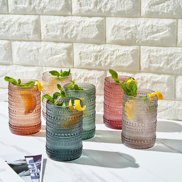 Khen Hobnail Drinking Glasses with Straws | Muted Colors | Set of 6