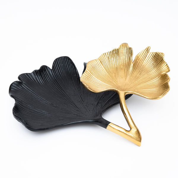 Black & Gold Ginkgo Leaf Tray, 2-Tier Centerpiece