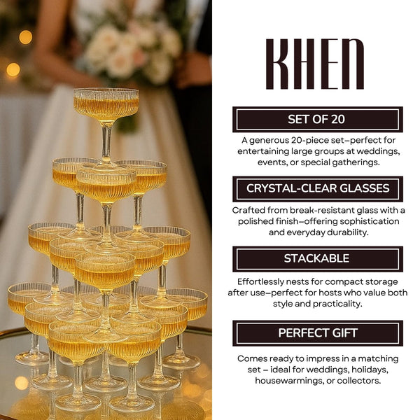 Glass Champagne Tower Set of 20 Crystal Coupes – 7oz Clear Stackable Coupe Glasses for Building Champagne Fountains at Weddings, Parties, Events, & Celebrations – Elegant Toasting Cups for Displays