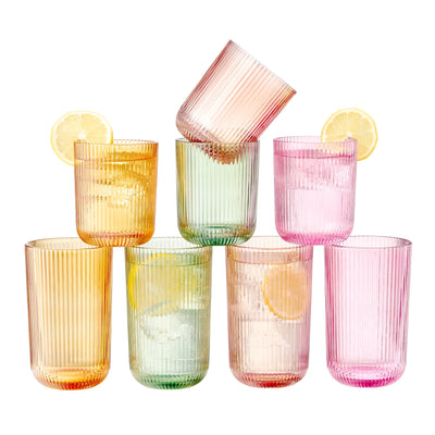 Set of 8 Ribbed Glasses - 4 Highball Glasses & 4 Lowball
