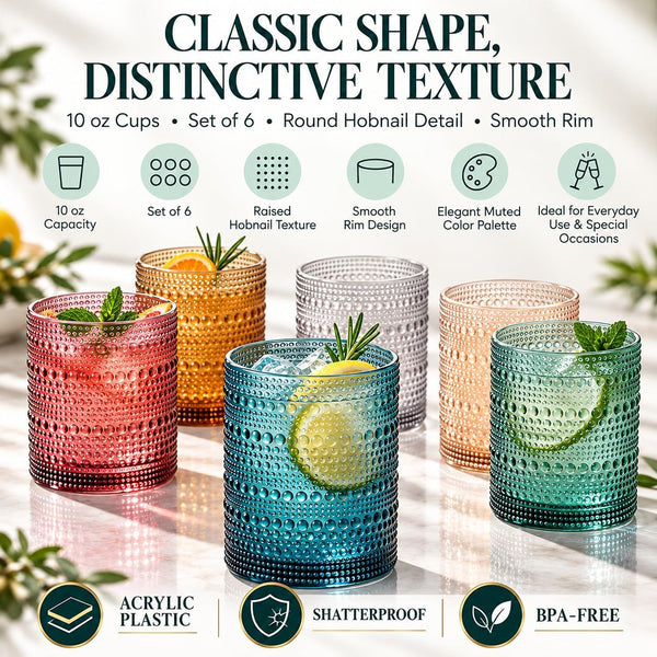 Plastic Hobnail Drinking Glasses Set of 6 Neutral Tones Cups 10oz