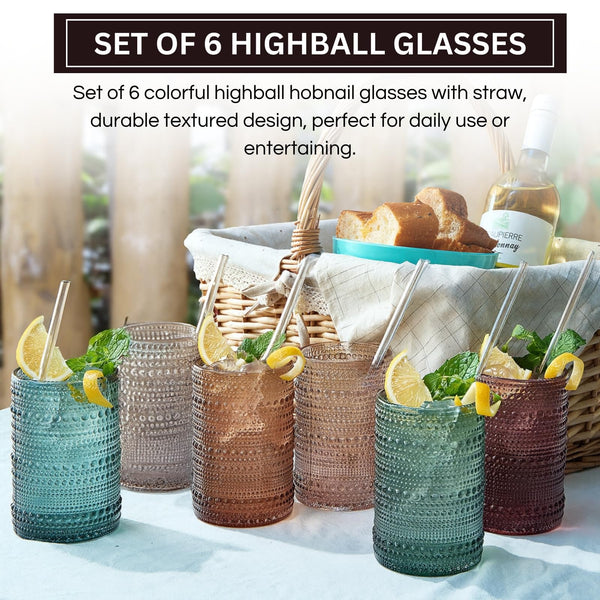 Khen Hobnail Drinking Glasses with Straws | Muted Colors | Set of 6