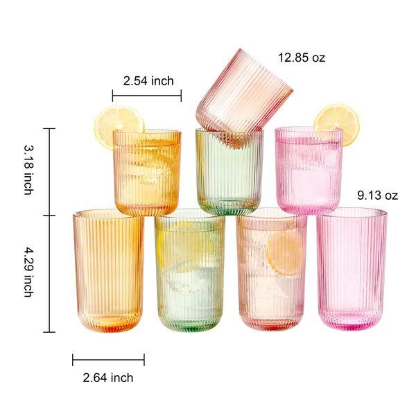 Set of 8 Ribbed Glasses - 4 Highball Glasses & 4 Lowball