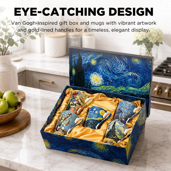 Van Gogh Bone China Set of 5 Large Mugs for Coffee and Tea, With Gift Box, 12