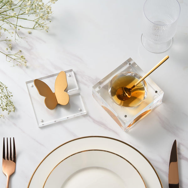 Butterfly Honey Dish with Gold Spoon | Clear Glass Sweet Dessert Bowl
