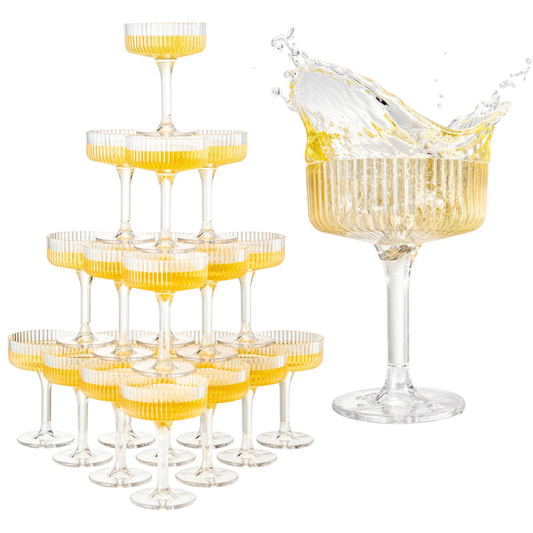 Premium ACRYLIC Champagne Tower Kit | 21 Stackable 7 oz Plastic Coupe Flutes | Reusable & Shatterproof Clear Plastic Glasses for Wedding Receptions, Birthday Parties, and Special Events, Clear Tall