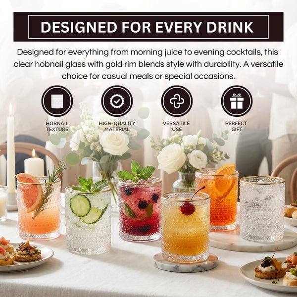 Clear Gold Rim Hobnail Glass Set, 6 Piece 10oz Transparent