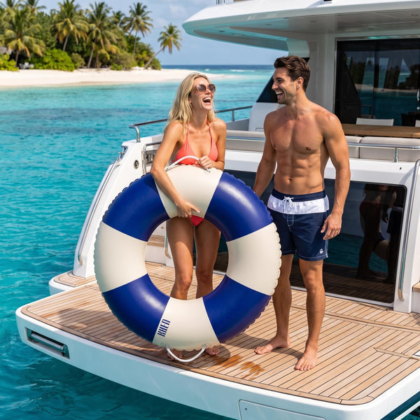 Portofino Inflatable Striped Pool Float Ring -  Navy & Cream
