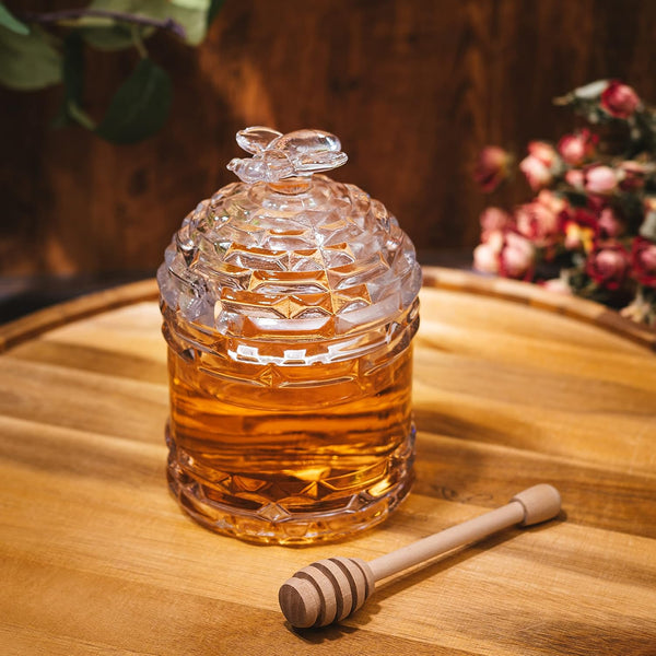 Crystal Bee Honey Dish Jar with Dipper and Lid 14oz