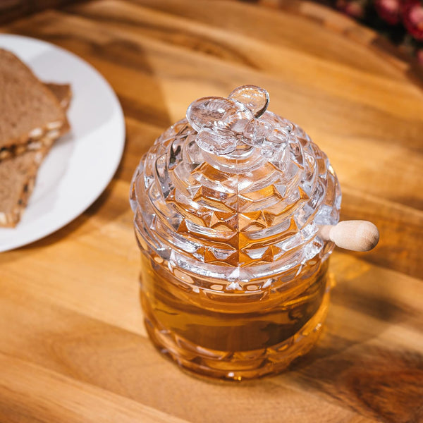 Crystal Bee Honey Dish Jar with Dipper and Lid 14oz