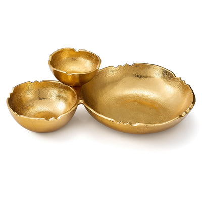3 Cluster Decorative Bowls Bright Gold Brass Snack Tray Bowl Chip & Dip Serving Piece Strong Centerpiece Beautiful Room Accent & Entertaining Parties Home Decor Wedding Gifts 14.6 Inch Decorative Gift
