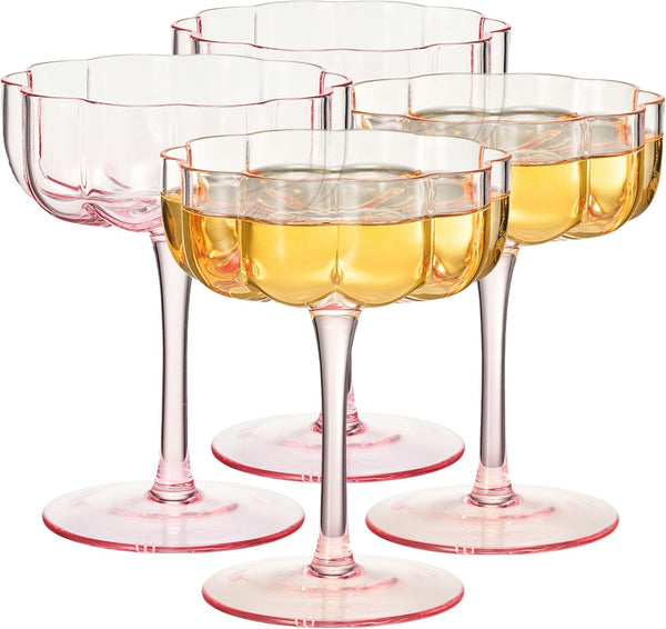 Wave Flower Champagne Coupe Cocktail Glassware, Set of 5