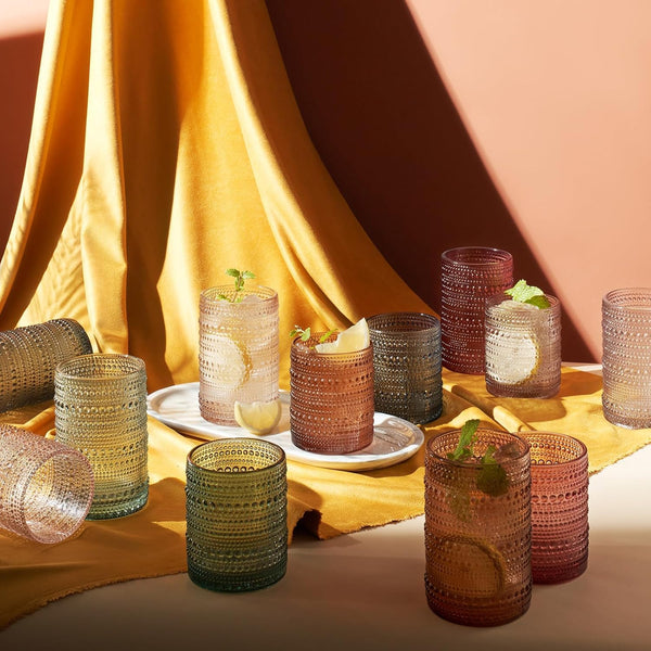 Hobnail Beaded Highball Drinking Tumbler Glasses | Set of 12