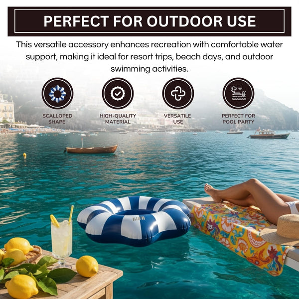 Amalfi Scalloped Pool Float Ring, 1 Piece, Blue & White Inflatable Swim Tube