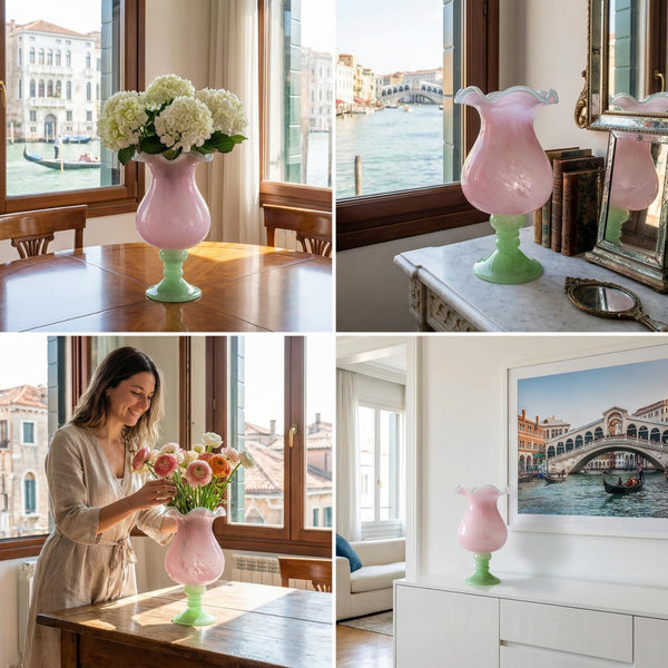 Sunrise Blush Murano Style Ruffled Glass Vase: Pink and Green Art Glass