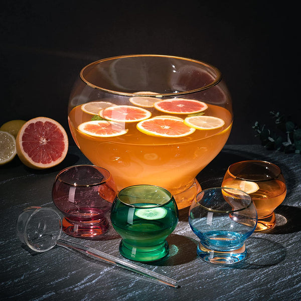Vibes Colorful 1.7 Gallon Punch Bowl with 4 10oz Glasses Set with Ladle Gift For Mothers Day, Her, Wife, Mom, Friend - Colored Set Margarita, Cocktails, Juice, Punch Drink bowl for Parties, Weddings