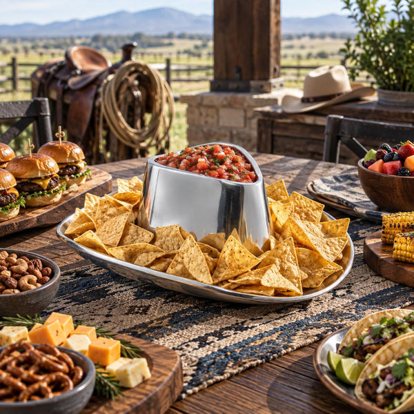 Cowboy Hat Chip and Dip Serving Bowl Silver Brass Snack
