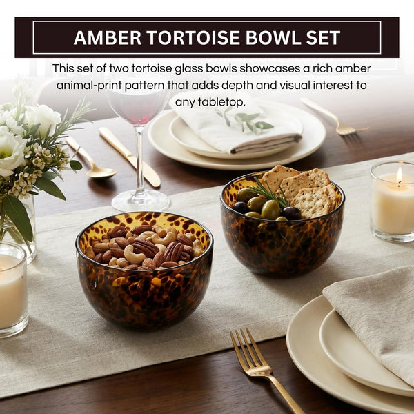 Amber Tortoise Shell Glass Bowls Set of 2 | 4.3” - 12.8oz Leopard Print