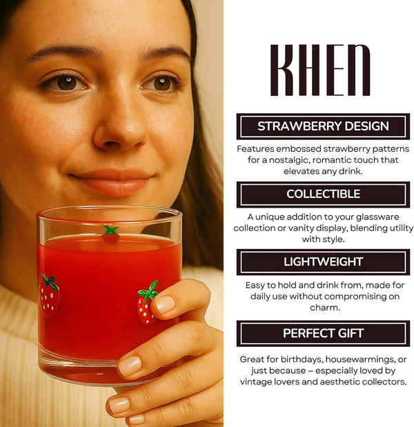 Khen Strawberry Glass Tumbler Vintage Aesthetic Drinkware Lightweight Romantic Barware Collectible Glass Cup - 12oz